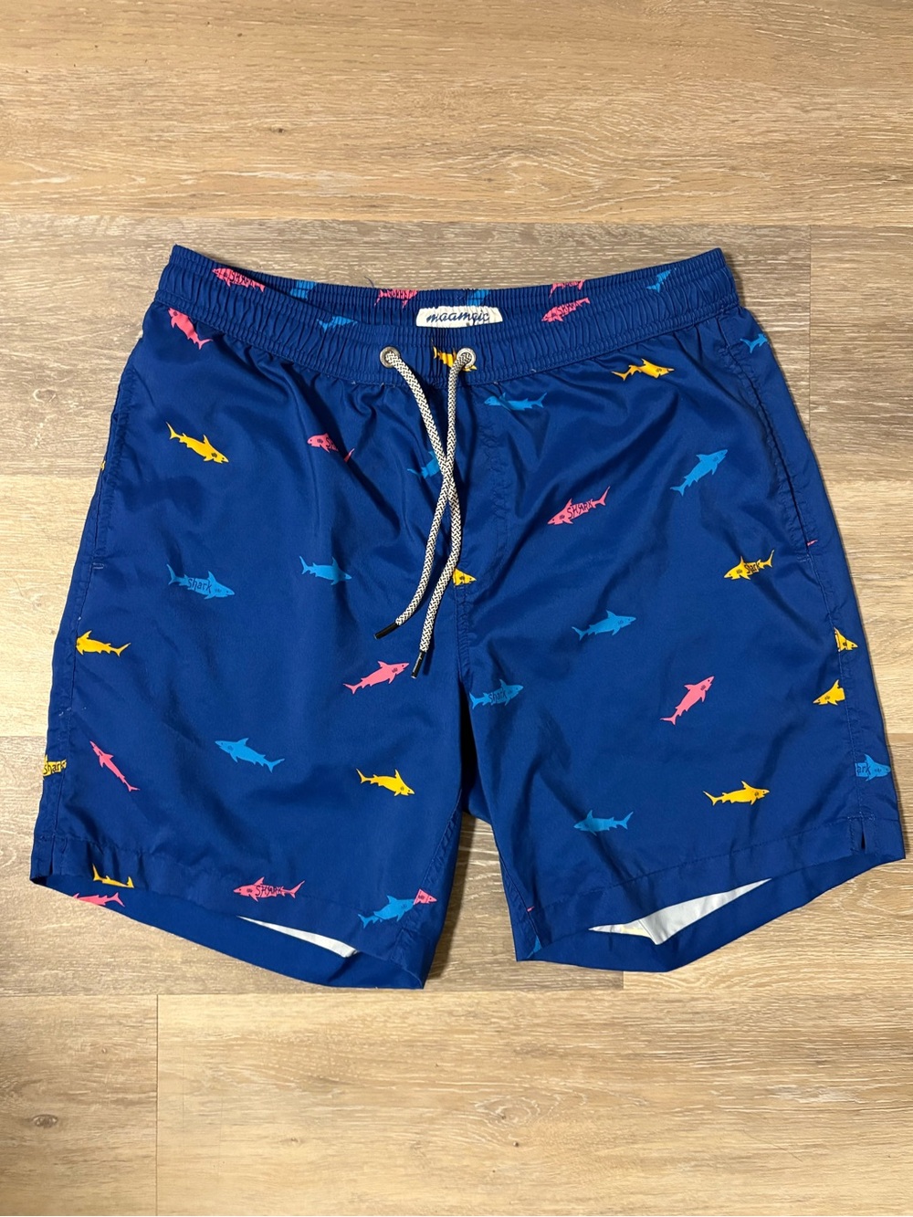 Men's Navy Shark-Print Swim Trunks with Elastic Drawstring
